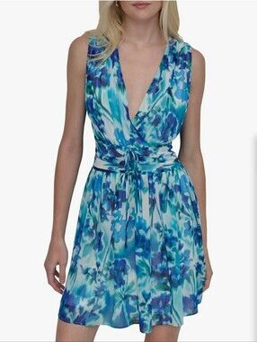 DKNY Blue Aqua Watercolor Floral Dress Size 4 Sleeveless Faux Wrap Midi